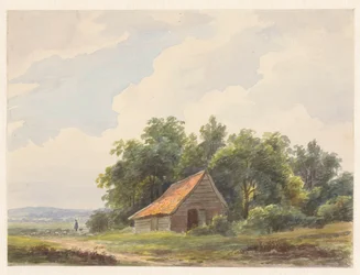 Paysage avec une grange et au loin un berger avec des moutons