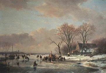 Paysage de rivière en hiver avec de nombreux patineurs