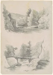 Sous le saut du faon, montagnes Catskill ; et au-dessus du pont