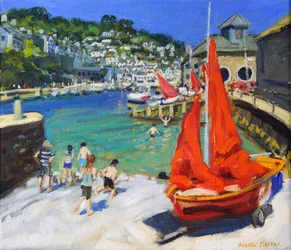 Jouer dans le port, Looe, Cornouailles, 2012 (huile sur toile)