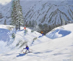 Trois skieurs, Kitzbuehel, Autriche, 2024 (huile sur toile)