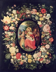 La Sainte Famille encadrée par une guirlande de fleurs