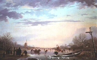 Scène de patinage sur une rivière gelée