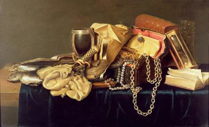 Nature morte avec un coffret à bijoux, des livres et des huîtres