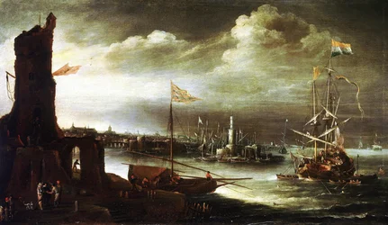 Un navire hollandais ancré devant le port de Gênes (Italie)