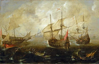 Manœuvre entre navires britanniques (à droite) et espagnols, les bateaux se rapprochant, semblant lourdement chargés, probablement de soldats