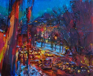 Circulation nocturne dans une ville haute en couleurs