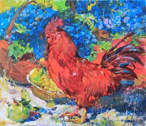 Coq coloré et raisins