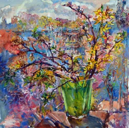 Vue sur les fleurs printanières depuis la fenêtre