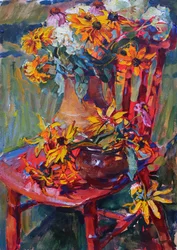 Fleurs jaunes, chaise rouge