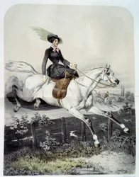 Un jeune cavalier en amazone sautant une barrière (lithographie)