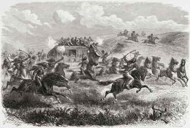 Les Indiens attaquent une diligence transcontinentale en 1867, illustration de 