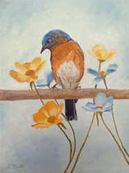Merle bleu printanier et fleurs