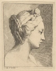 Tête de jeune femme de profil vers la droite