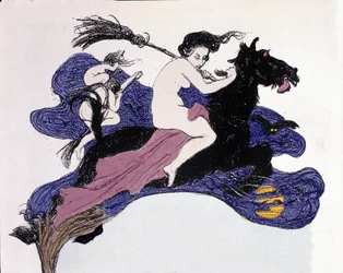 Sorcières en mouvement dans les airs. Illustration par Angelo Jank pour Jugend