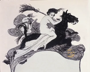 Sorcières se déplaçant dans les airs. Illustration par Angelo Jank pour Jugend