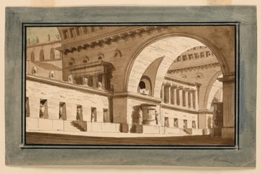 Décor de scène, extérieur du palais, salle sépulcrale