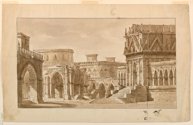 Décor de scène, palais gothique, église et forteresse