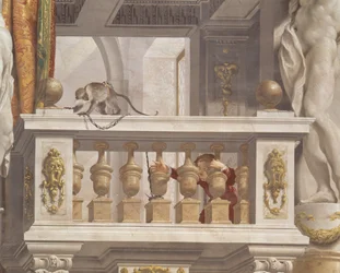 Salle de réception du Grand-Duc, détail du plafond représentant un singe et un jeune garçon sur une balustrade, 1638-44