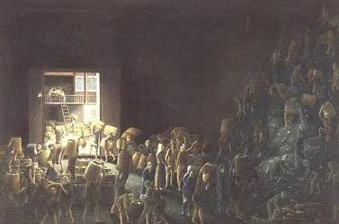 Remplissage des caisses de thé ; et fabrication du thé dans le premier processus, vers 1820 (une paire) vers 1820