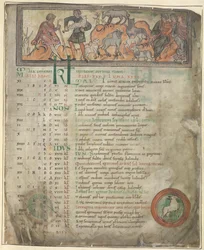 Cotton Tiberius B. V, Partie 1, f.5 Page de calendrier pour mai. Garder les moutons. Deux bergers avec leur troupeau, l