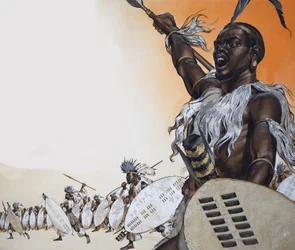 Chaka au combat à la tête du régiment de Tulwana impi (gouache sur papier)