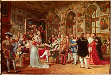 Le siècle de François Ier : François Ier, roi de France, reçut à Fontainebleau le tableau de la Sainte Famille, envoyé de Rome par Raphaël (Raffaello Sanzio, peintre italien) en hommage à sa gratitude. À ses côtés, nous distinguons : (Partie à gauche o