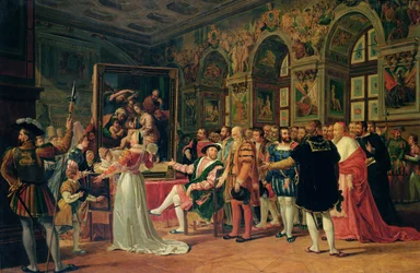 François Ier (1494-1547) recevant une peinture de la Sainte Famille de Raphaël