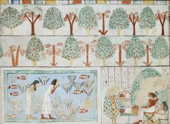 Copie de peinture murale de la tombe privée 63 de Sebkhotpe, Thèbes I, 1, 125-128, XXe siècle