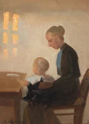 Un intérieur avec une mère et son enfant.
