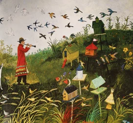 Joueur de flûte aux oiseaux avec des oiseaux noirs, 2001