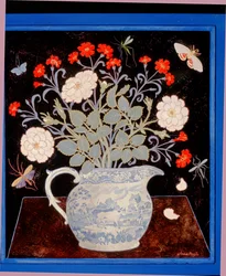 Cruche bleue et roses rouges