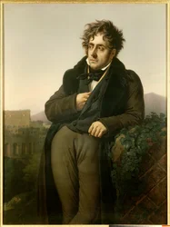 Portrait de François René, vicomte de Chateaubriand (1768-1848) méditant sur les ruines de Rome devant une vue du Colisée