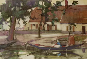 Bateau sur un canal, village français