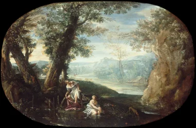 Paysage avec des femmes se baignant