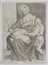 La Vierge assise tenant un oreiller sur ses genoux avec le jeune Christ debout à droite..., 1580-1600