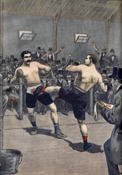 Une attaque de boxe : victoire du champion français Joseph Charlemont (1839-1918) contre Jerry Discroll avec la technique de la 