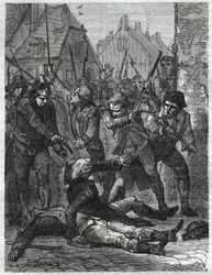 Une scène pendant la Révolution française: Theobald de Dillon (1745-1792) et un officier du génie nommé Berthois furent massacrés par les soldats et le peuple de Lille, qui les accusaient de trahison. Gravure de 1866 dans «Histoire de la Révolution
