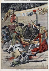 Une corrida tragique à Séville : trois matadors tués et de nombreux spectateurs grièvement blessés en tentant de les secourir, dernière page du journal « Le Petit Journal » du 9 mai