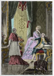 Affaire du collier de la reine (1785-1786) : le cardinal Louis René Édouard de Rohan (1734-1803) devant le roi Louis XVI (1754-1793) et la reine Marie-Antoinette (1755-1793)
