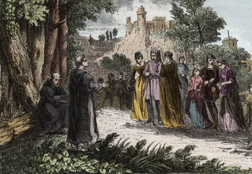 Hérésie albigeoise - Saint Dominique prêchant aux Albigeois - gravure de 1846 dans « Vies des saints ». Collection privée.
