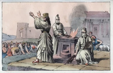 Civilisation persane antique : mages, prêtres officiels et disciples de Zarathoustra (gravure de 