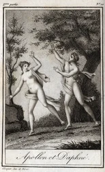 Apollon et Daphné. La nymphe Daphné se transforme en laurier pour échapper à Apollon. Gravure de 1819 dans "Lettres à Emilie sur la mythologie" par Charles Albert Demoustier (1760-1801). Collection privée.