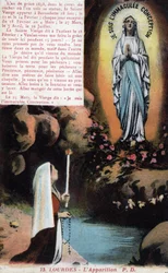 Apparition de la Vierge Marie à Bernadette Soubirous (1844-1879) dans la grotte de Lourdes - Hautes-Pyrénées (65) carte postale vers 1900.