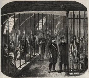 Arrivée des forces à bord pendant le convoi de Toulon à Cayenne (Guyane) en vertu du décret du 8 décembre 1851. Gravure dans « Histoire des bagnes depuis leur création à nos jours » (1877) par Pierre Zaccone (1817-1895)