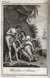 Bacchus et Ariane. Gravure de 1819 dans "Lettres à Émilie sur la mythologie" par Charles Albert Demoustier (1760-1801). Collection privée.