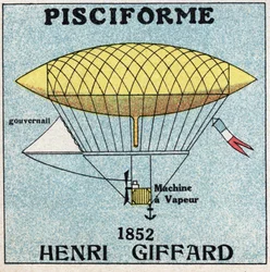 Ballons : enveloppe pisciforme par Henri Giffard (1825-1882) en 1852. Illustration anonyme de 1925. Collection privée.