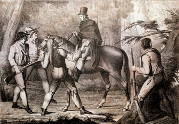 Brigands attaquant un voyageur à cheval (19e siècle, estampe, collection privée)