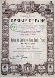 Part de capital de 500 Francs dans les omnibus de Paris, 20e siècle Coll. Part