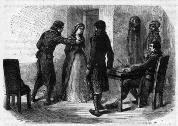 Charlotte Corday (1768-1793) interrogée par François Chabot (1756-1794) - Gravure dans « Histoire des Girondins » par Alphonse de Lamartine (1790-1869) 1865-1866. Collection privée